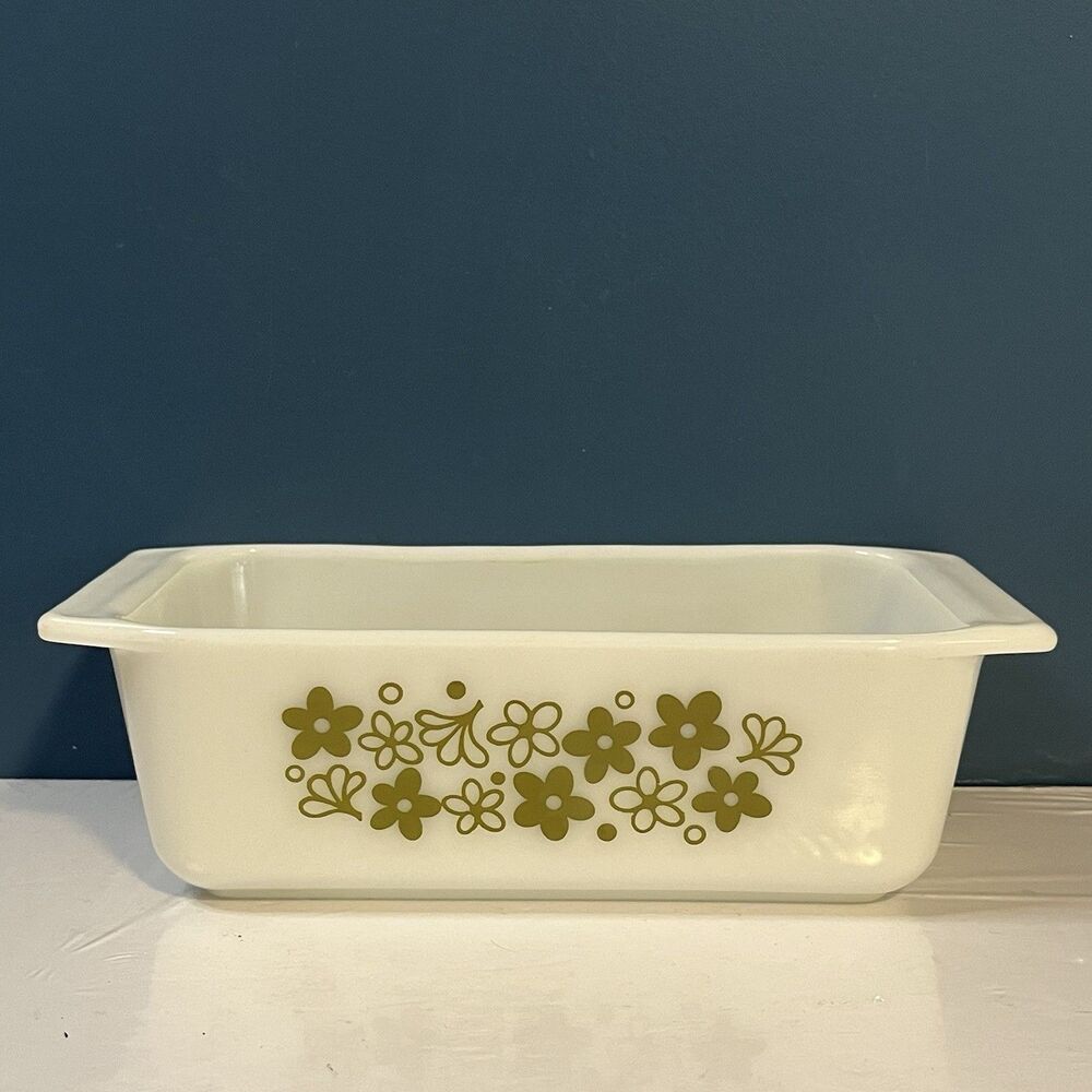 Pyrex Crazy Daisy Loaf Pan #913 Spring Blossom White & Green 8.5x4.5x2.5 Vtg